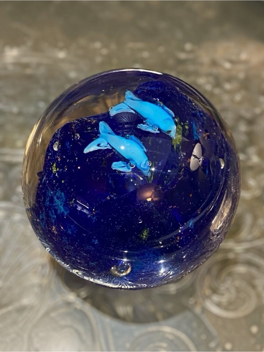 Vintage Dolphin Paperweight Art Glass Reef Blue Ocean Round Bubbles